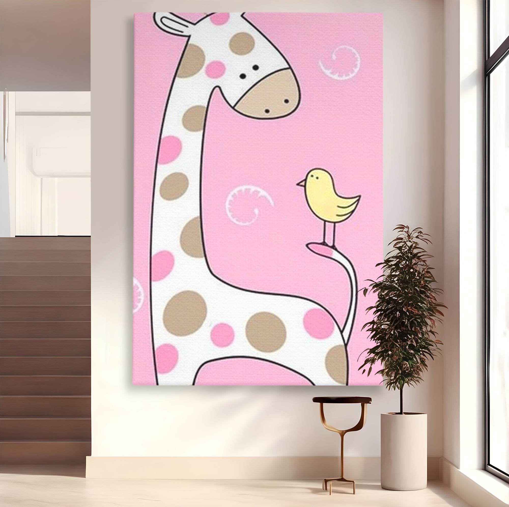 Tablou canvas cu ilustratie cu o girafa si o pasare, fara rama, pe sasiu de lemn